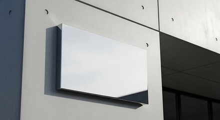 Fototapeta premium Minimalist Modern Building Facade with Blank Sign, Geometric Composition, Clean Lines, and Shadows.