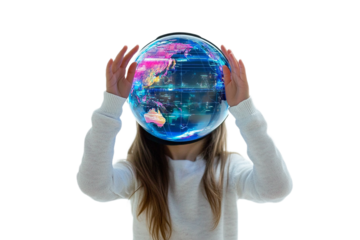 Young woman holding vibrant digital globe over head