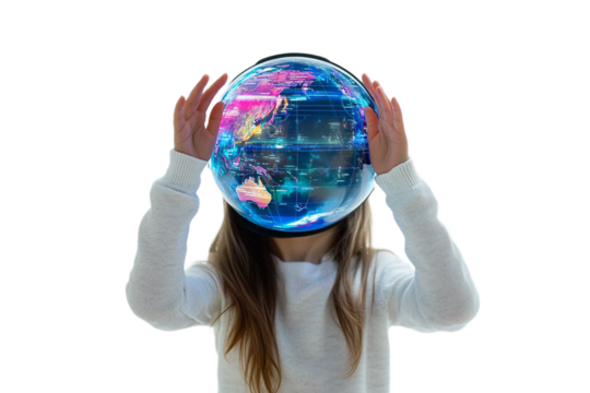 Young woman holding vibrant digital globe over head