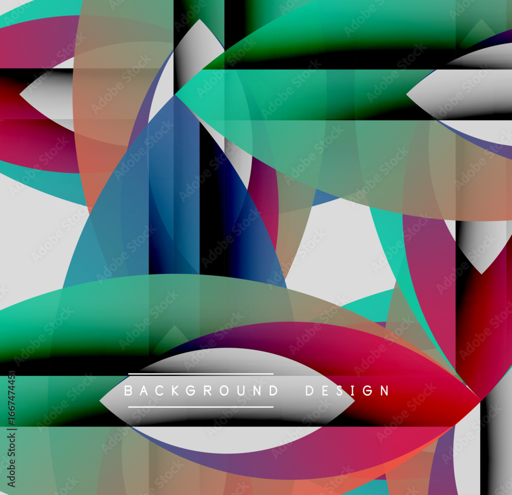 Poster Abstract geometric shapes overlap. Vibrant colors blend, creating dynamic visual texture. Modern design elements dominate composition.