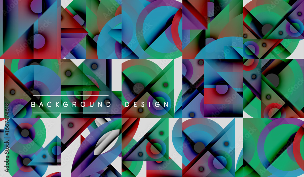 Poster abstract geometric pattern. vibrant colors blend, creating dynamic visual texture. shapes overlap, f