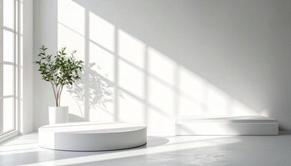 Platform display with modern stand podium on white room background. Blank Exhibition stage backdrop or empty product shelf. 3D rendering.