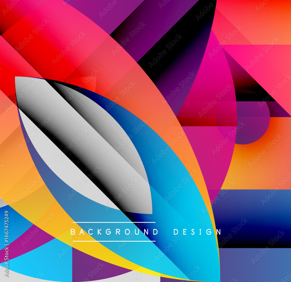 Poster Abstract geometric shapes overlap, creating vibrant colorful background. Dynamic composition uses gradients, curves, angles. Modern design element.