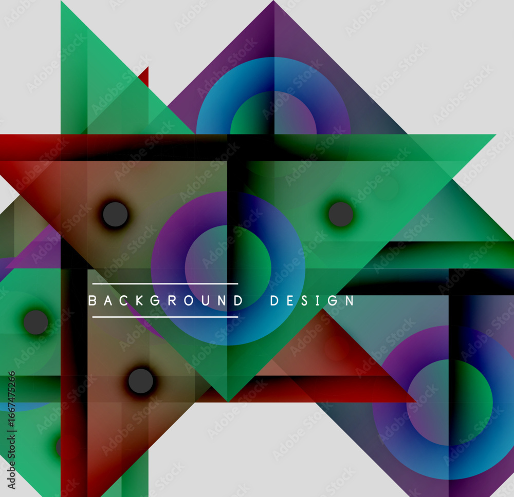 Poster abstract geometric shapes overlap, creating vibrant colorful design. circles, squares, triangles for