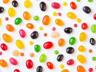 A colorful, close-up pattern of jelly beans and confetti-like dots scattered across a white background, creating a fun, vibrant abstract effect.