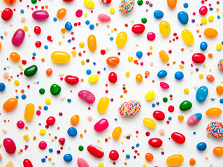 A colorful, close-up pattern of jelly beans and confetti-like dots scattered across a white background, creating a fun, vibrant abstract effect.