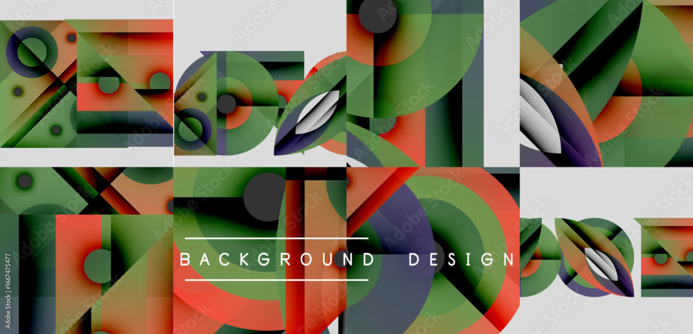 Poster abstract geometric patterns, vibrant colors, overlapping shapes. modern design elements create dynam
