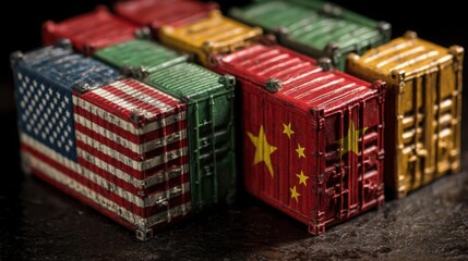 Collection of boxes adorned with the chinese flag representing import goods and trade activities in a market context