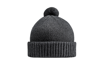 Gray knitted beanie hat isolated against a black backdrop.