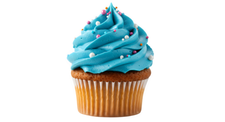 Delicious Cupcake with blue Frosting and Rainbow Sprinkles on White Background, cupcake isolated on transparent background, Closeup of Sweet Cupcake Dessert with Colorful Sprinkles