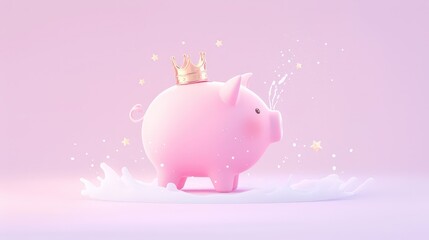 Adorable king piggy bank in soft pink crowned by a pl