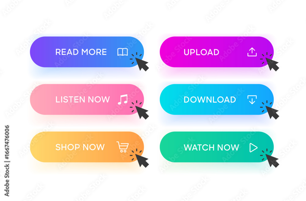 Aufkleber 3d click here web buttons. set of action button, hand cursor and arrow pointing click link buttons. 