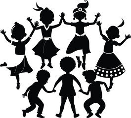 Obraz premium Circle of seven children silhouettes holding hands and dancing on white background kids group