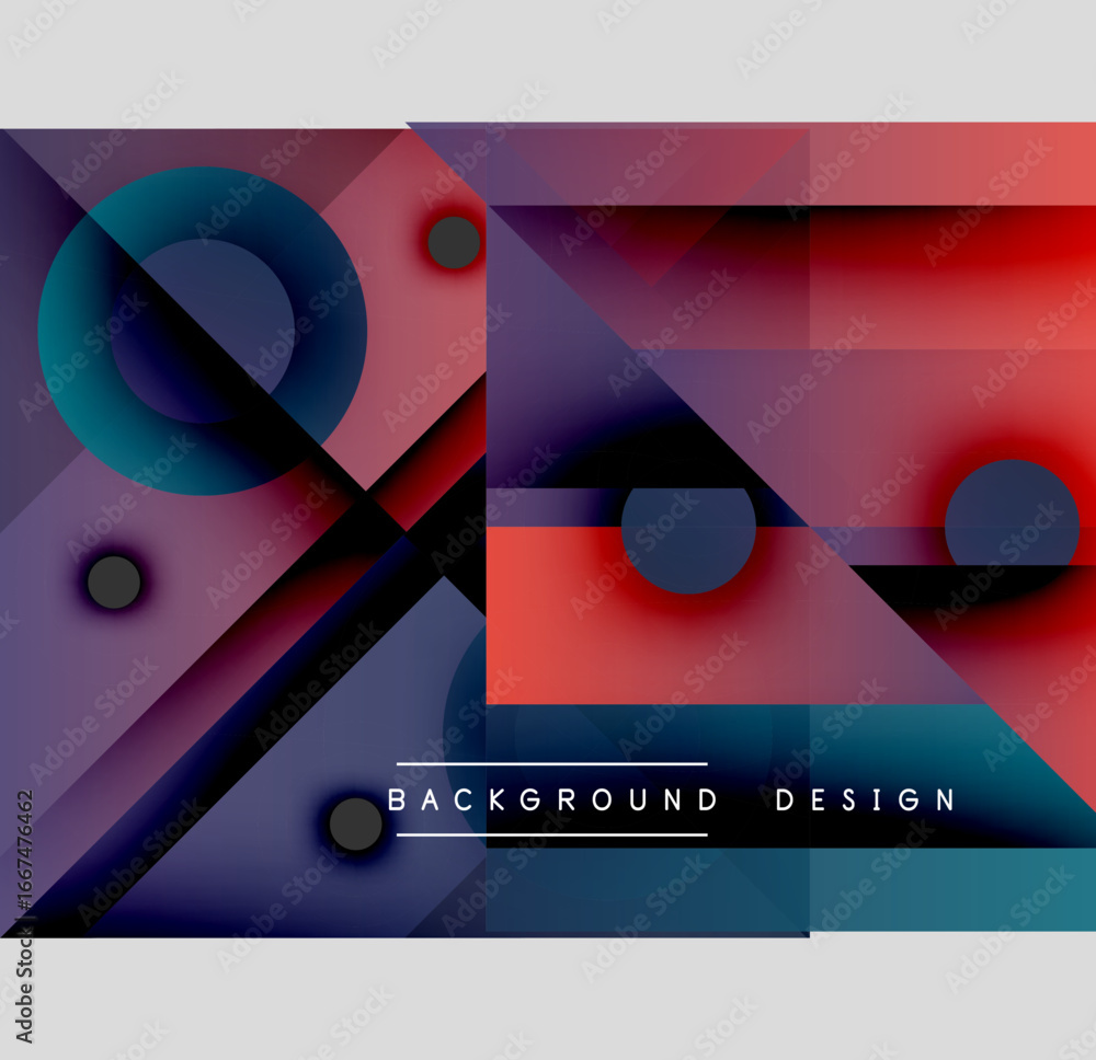 Poster abstract geometric composition. overlapping shapes create dynamic visual effect. colors blend, formi
