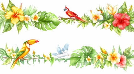 Colorful banner with hand-drawn tropical leaves vibra