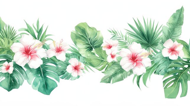 watercolor tropical flowers and leaves border clip art preview