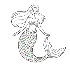 Clean outline drawing of a serene mermaid with iridescent scales minimalistic design for coloring page