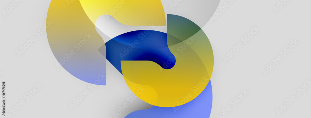 Poster abstract composition featuring overlapping colorful shapes. yellow, blue, green hues blend, creating