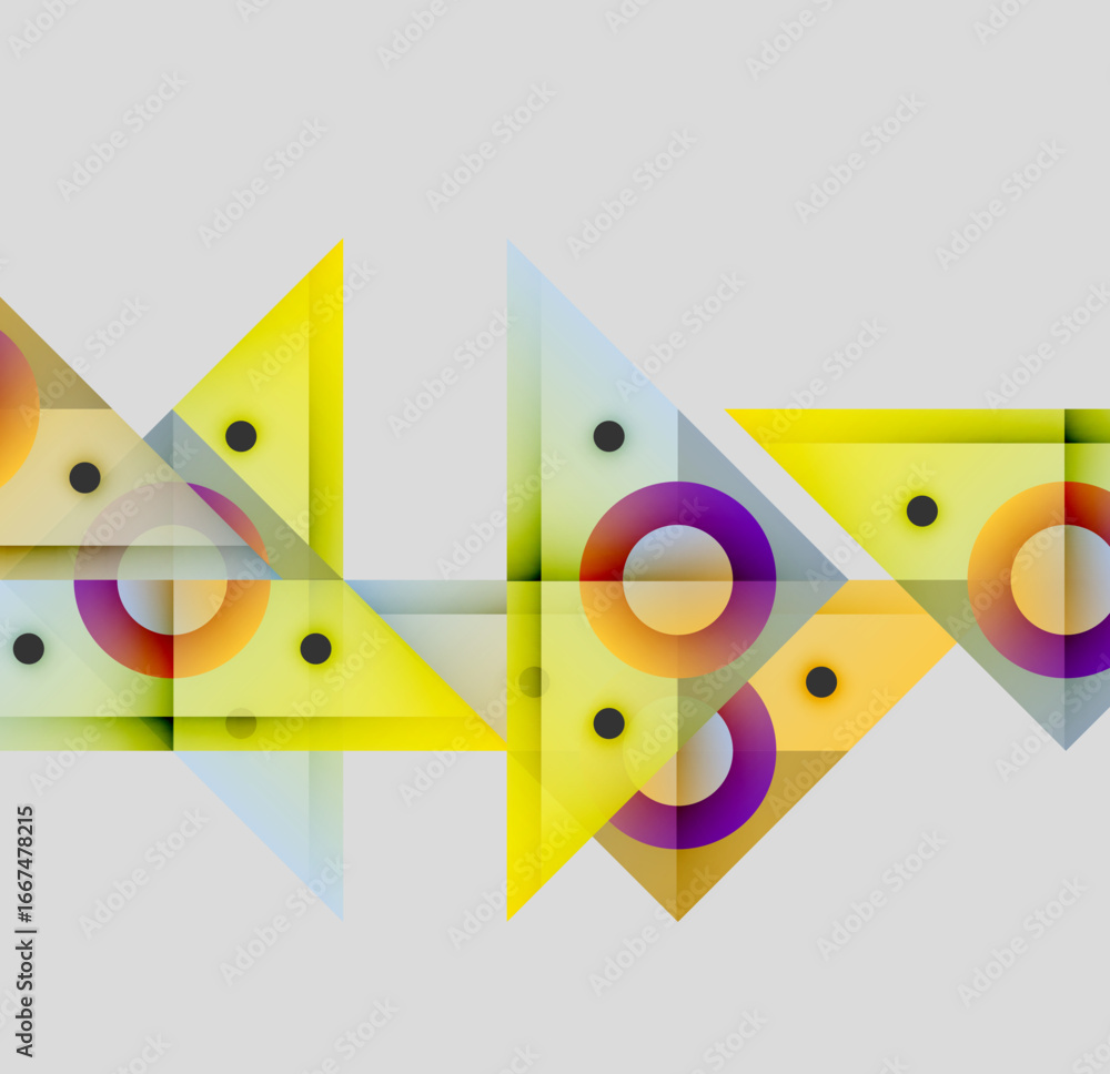 Poster abstract geometric composition. overlapping triangles, circles, rectangles create vibrant visual pat