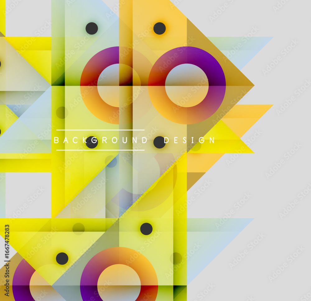 Poster abstract geometric composition. overlapping squares, circles, triangles create vibrant visual effect