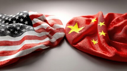 Two flags displaying american and chinese national symbols signifying international trade relations and economic rivalry