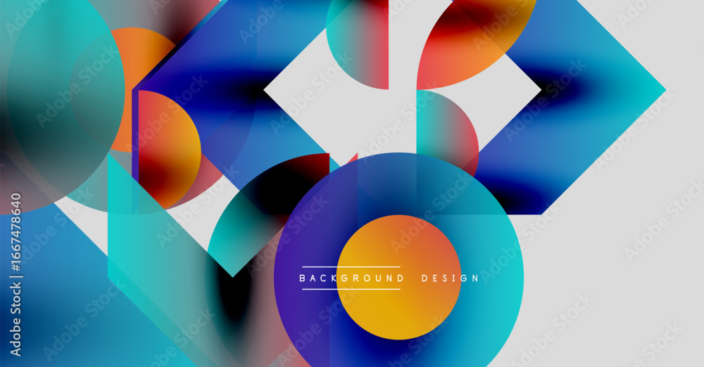Poster abstract colorful shapes overlap, creating dynamic visual effect. bright hues blend, forming modern 