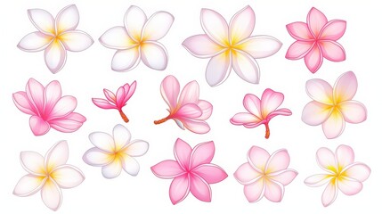 Isolated white and pink Plumeria outline vector illus