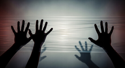 Hands reaching through barrier evokes fear, anxiety, or feeling trapped in a stressful situation