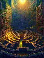 Naklejka premium Labyrinth in scenic valley with cliffs for cultural and emotional learning Vector of circular maze with tower for mindfulness and symbolic education