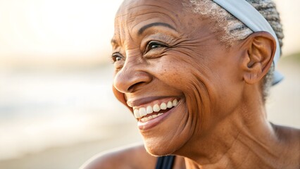 Elder smile lines after exercise close-up. Intimate close-up of senior facial lines mid-smile, radiating post-workout vitality.