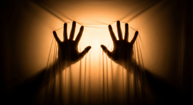 Eerie silhouette of hands pressing against glowing fabric creates suspenseful mystery and otherworldly atmosphere