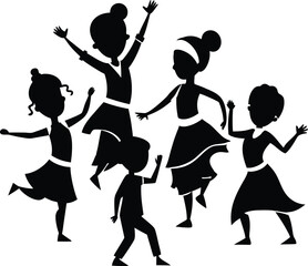 Obraz premium Silhouette of five children dancing and celebrating with raised arms on white background kids