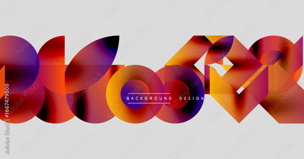 Poster abstract colorful shapes overlap, creating dynamic visual effect. gradient hues blend, forming moder