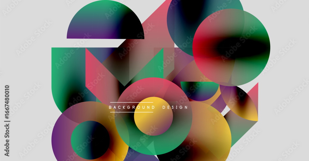 Poster abstract colorful shapes overlap, creating dynamic visual composition. gradient hues blend, forming 