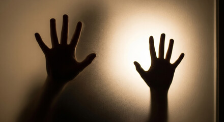 Eerie hands press against frosted glass, creating suspenseful and mysterious feeling with dramatic shadows