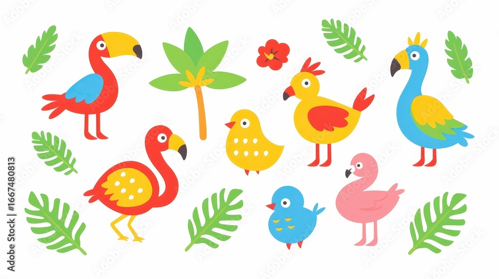 Poster Seamless funny vector pattern with toucan flamingo pa