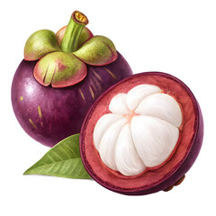 Whole and halved ripe mangosteen fruit with green leaves on a black background