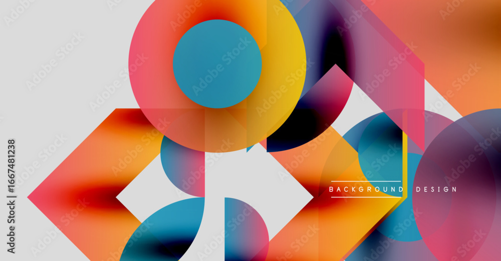 Poster abstract geometric shapes overlap, creating vibrant color gradients. modern design features smooth t