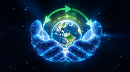 Luminous Digital Hands Embrace Earth in a Neon Green Sustainable Recycle Loop.