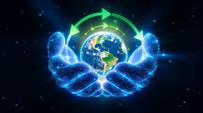 Luminous Digital Hands Embrace Earth in a Neon Green Sustainable Recycle Loop.