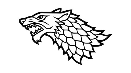 Stylized outline of a wolfs head with bared teeth and fur detail on a black background representing power and wildness