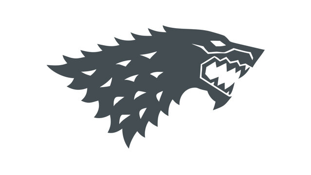 Stylized dark grey wolf head emblem with sharp teeth and fur detail on a black background representing strength and ferocity