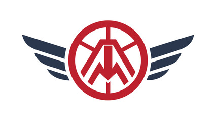 Stylized emblem featuring a red circular design with a stylized letter m inside and dark blue wings on a black background representing power and achievement