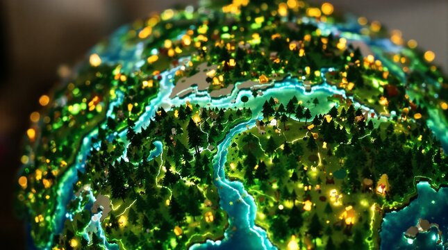 Luminous Miniature Globe Showcasing a Glowing Network of Golden Cities and Cyan Rivers.