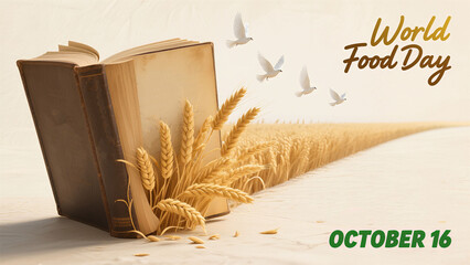 Books, wheat ears, and white doves represent the knowledge dissemination and peace vision of World Food Day, used in cultural science popularization and public welfare advocacy scenes.