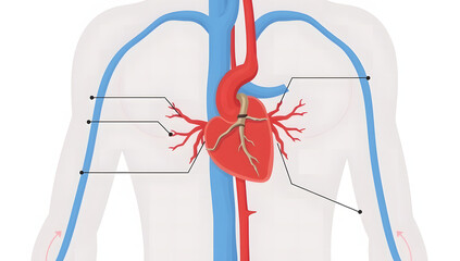 Heart and Circulatory System Illustration. Medical vector showing full circulatory system with focus on interventional cardiology.