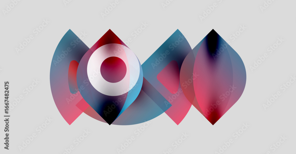 Poster abstract design features overlapping colorful shapes. red, blue, pink hues blend, creating dynamic v