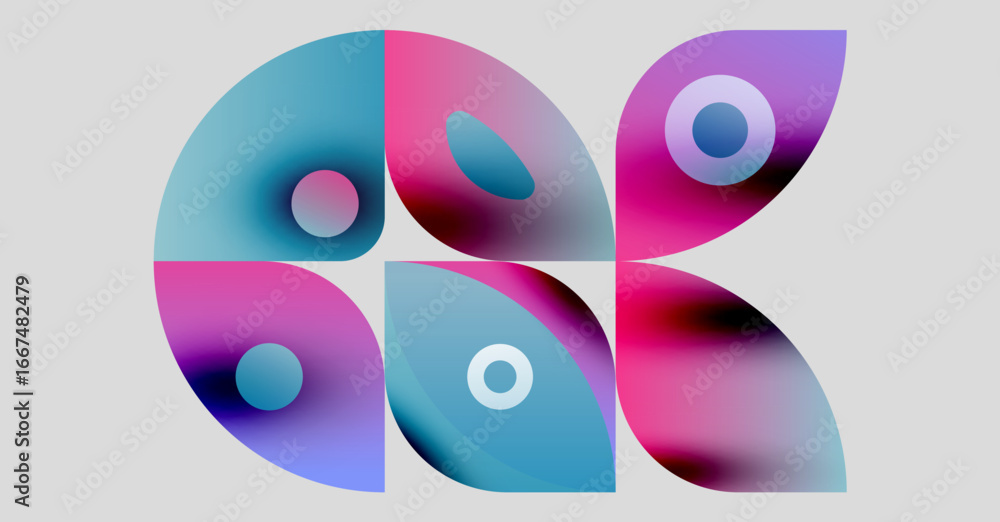 Poster abstract colorful shapes overlap, creating dynamic composition. soft gradients blend pinks, blues, p