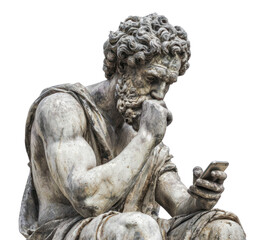 Fototapeta premium PNG An ancient Greek-style statue figure looking down while using a smartphone juxtaposition electronics thoughtful.