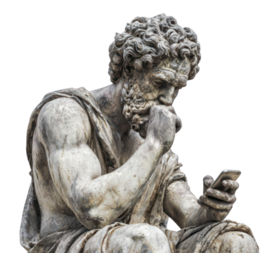 PNG An ancient Greek-style statue figure looking down while using a smartphone juxtaposition electronics thoughtful.